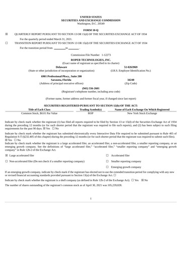 Thumbnail Roper Technologies Quarterly Report 2021-q1