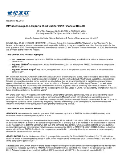 Thumbnail VNET Group Quarterly Report 2012-q3