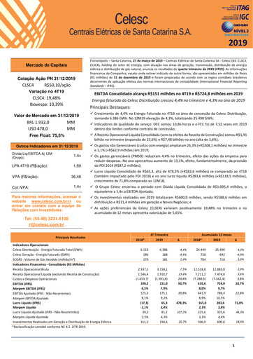 Thumbnail Celesc (Centrais Elétricas de Santa Catarina) Quarterly Report 2019-q4