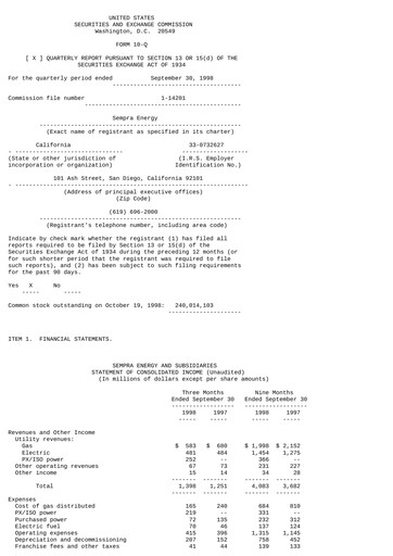 Thumbnail Sempra Quarterly Report 1998-q3