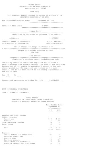 Thumbnail Sempra Quarterly Report 1999-q3