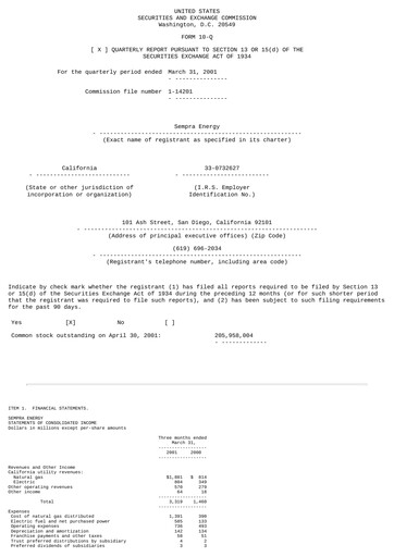 Thumbnail Sempra Quarterly Report 2001-q1
