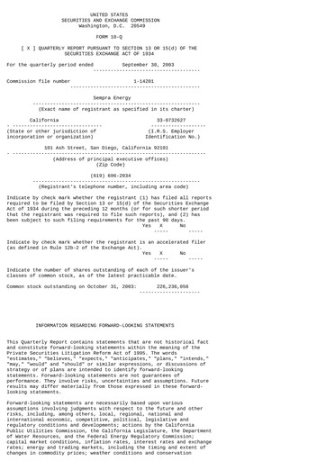 Thumbnail Sempra Quarterly Report 2003-q3