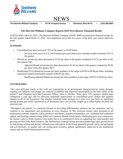 Thumbnail Sherwin-Williams Quarterly Report 2022-q1