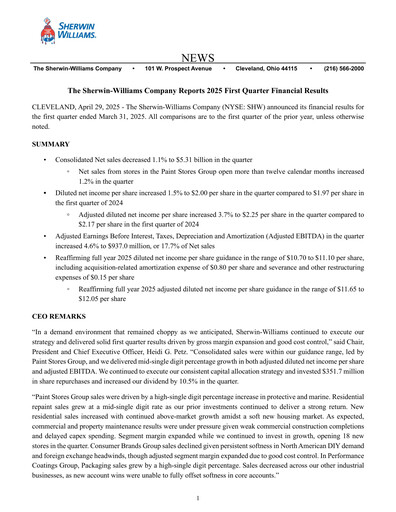 Thumbnail Sherwin-Williams Quarterly Report 2025-q1