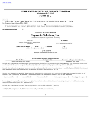 Thumbnail Skyworks Solutions
 Quarterly Report 2021-q3