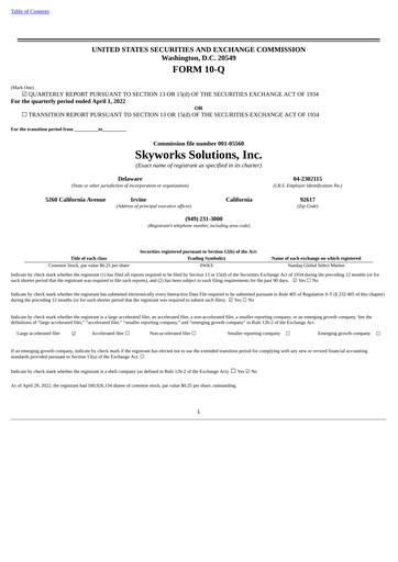 Thumbnail Skyworks Solutions
 Quarterly Report 2022-q2