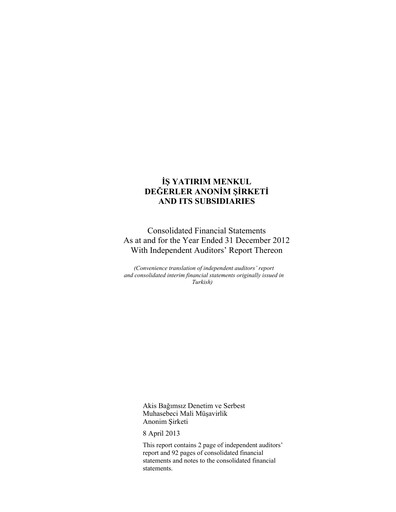 Thumbnail Is Yatirim Menkul Degerler Anonim Sirketi Financial Statement 2012