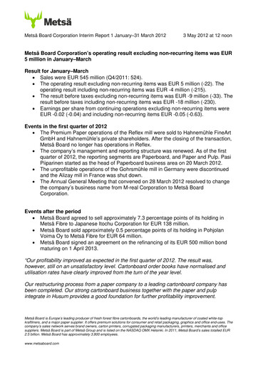 Thumbnail Metsä Board Quarterly Report 2012-q1