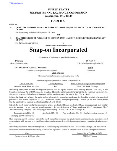 Thumbnail Snap-on Quarterly Report 2020-q3
