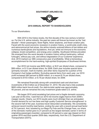 Thumbnail Southwest Airlines Annual Report 2010