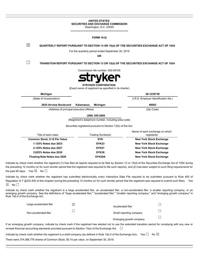 Thumbnail Stryker Corporation Quarterly Report 2019-q3