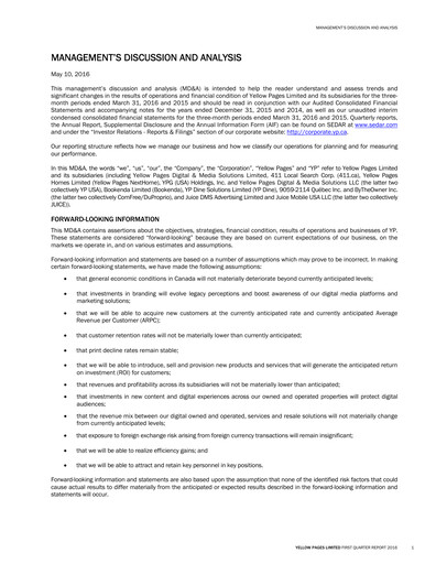 Thumbnail Yellow Pages (Canada) Quarterly Report 2016-q1