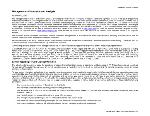 Thumbnail Yellow Pages (Canada) Quarterly Report 2019-q3