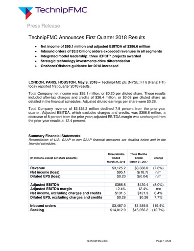 Thumbnail TechnipFMC
 Quarterly Report 2018-q1