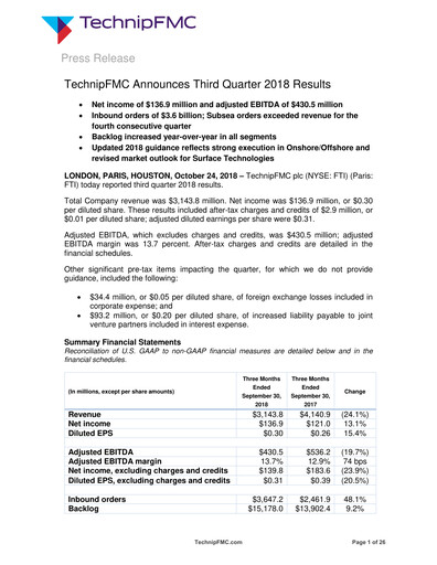 Thumbnail TechnipFMC
 Quarterly Report 2018-q3