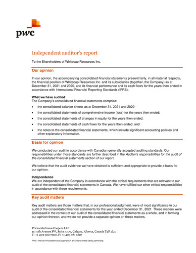 Thumbnail Whitecap Resources Financial Statement 2021