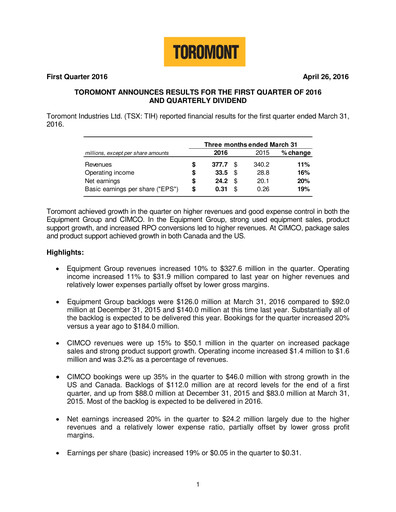Miniature Toromont Rapport trimestriel 2016-q1