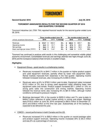 Miniature Toromont Rapport trimestriel 2016-q2