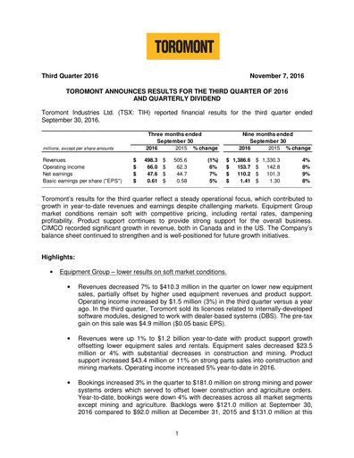 Miniature Toromont Rapport trimestriel 2016-q3