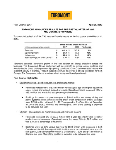 Miniature Toromont Rapport trimestriel 2017-q1