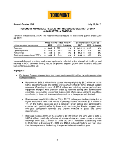 Miniature Toromont Rapport trimestriel 2017-q2