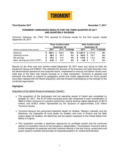 Miniature Toromont Rapport trimestriel 2017-q3