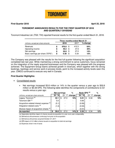 Miniature Toromont Rapport trimestriel 2018-q1