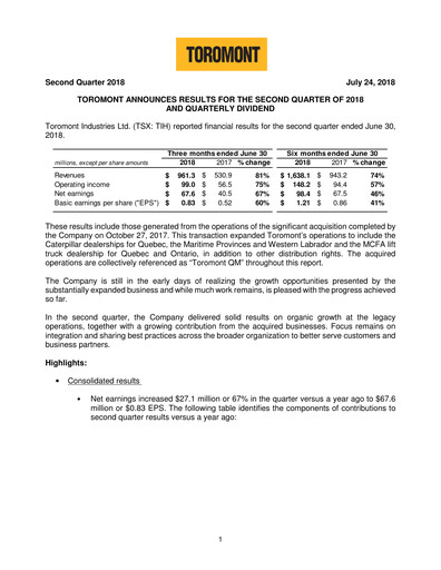 Miniature Toromont Rapport trimestriel 2018-q2