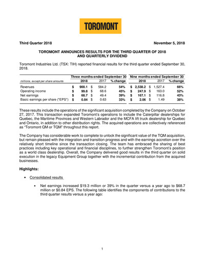 Miniature Toromont Rapport trimestriel 2018-q3