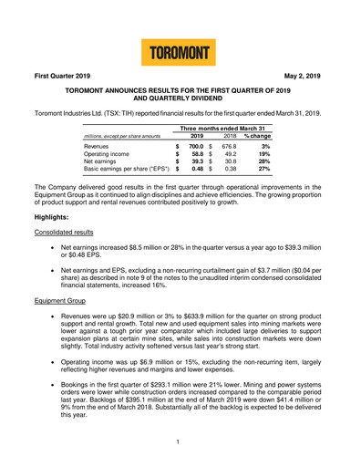 Thumbnail Toromont Quarterly Report 2019-q1