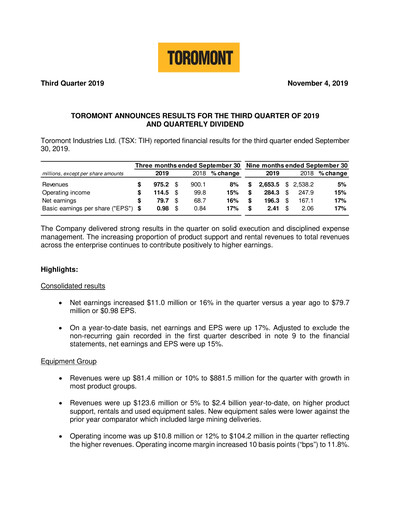 Miniature Toromont Rapport trimestriel 2019-q3