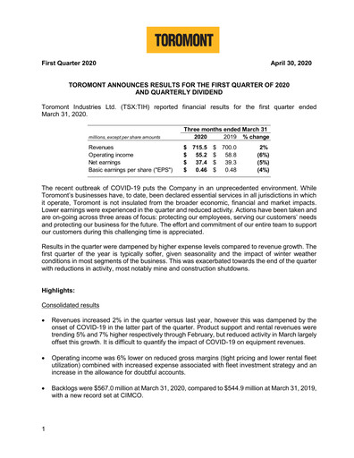 Miniature Toromont Rapport trimestriel 2020-q1