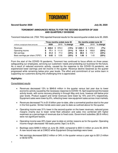 Miniature Toromont Rapport trimestriel 2020-q2