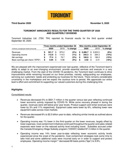 Miniature Toromont Rapport trimestriel 2020-q3