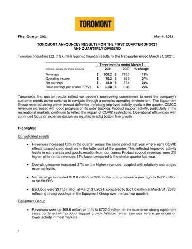 Miniature Toromont Rapport trimestriel 2021-q1