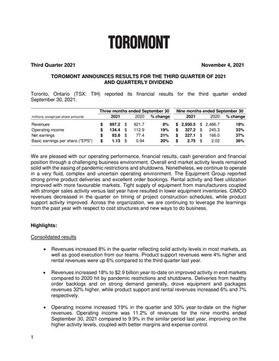 Miniature Toromont Rapport trimestriel 2021-q3