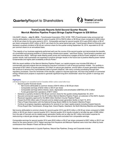 Vorschaubild TC Energy
 Quartalsbericht 2014-q2