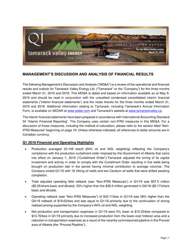 Thumbnail Tamarack Valley Energy Quarterly Report 2019-q1