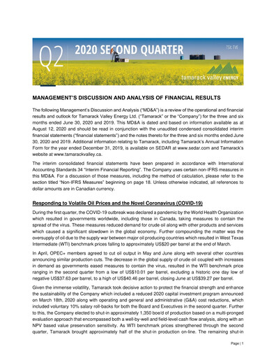 Thumbnail Tamarack Valley Energy Quarterly Report 2020-q2
