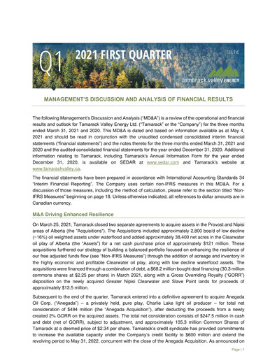 Thumbnail Tamarack Valley Energy Quarterly Report 2021-q1