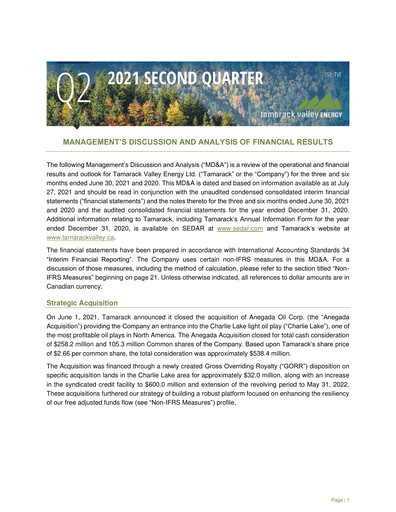Thumbnail Tamarack Valley Energy Quarterly Report 2021-q2