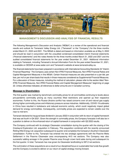 Thumbnail Tamarack Valley Energy Quarterly Report 2022-q1