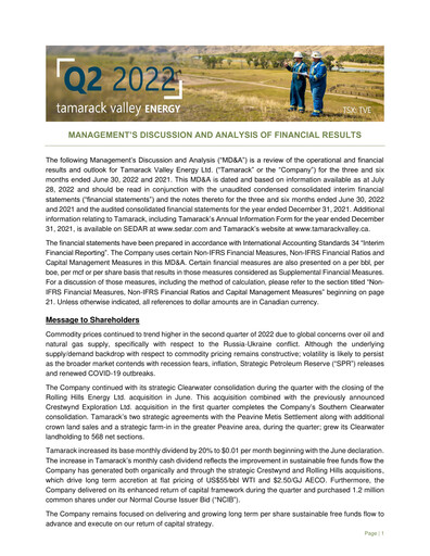Thumbnail Tamarack Valley Energy Quarterly Report 2022-q2