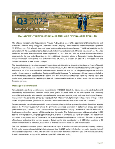 Thumbnail Tamarack Valley Energy Quarterly Report 2022-q3
