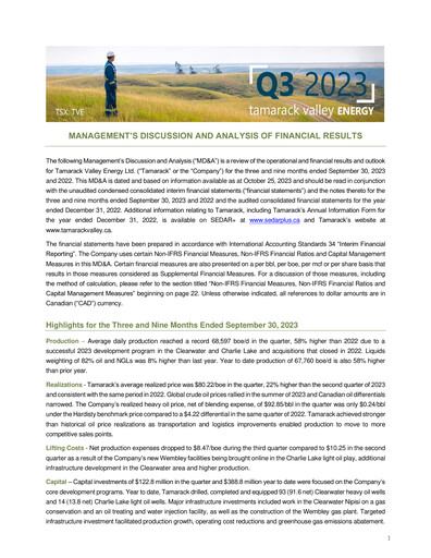 Thumbnail Tamarack Valley Energy Quarterly Report 2023-q3