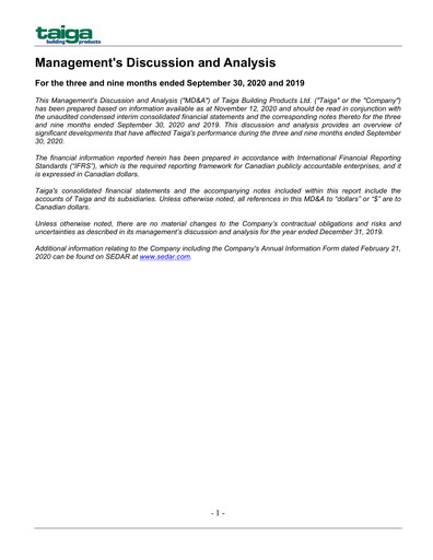 Thumbnail Taiga Building Products Quarterly Report 2020-q3