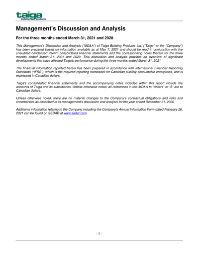 Thumbnail Taiga Building Products Quarterly Report 2021-q1