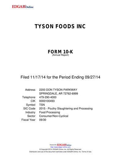 Thumbnail Tyson Foods
 Annual Report 2014