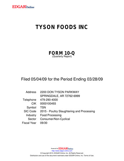 Thumbnail Tyson Foods
 Quarterly Report 2009-q2
